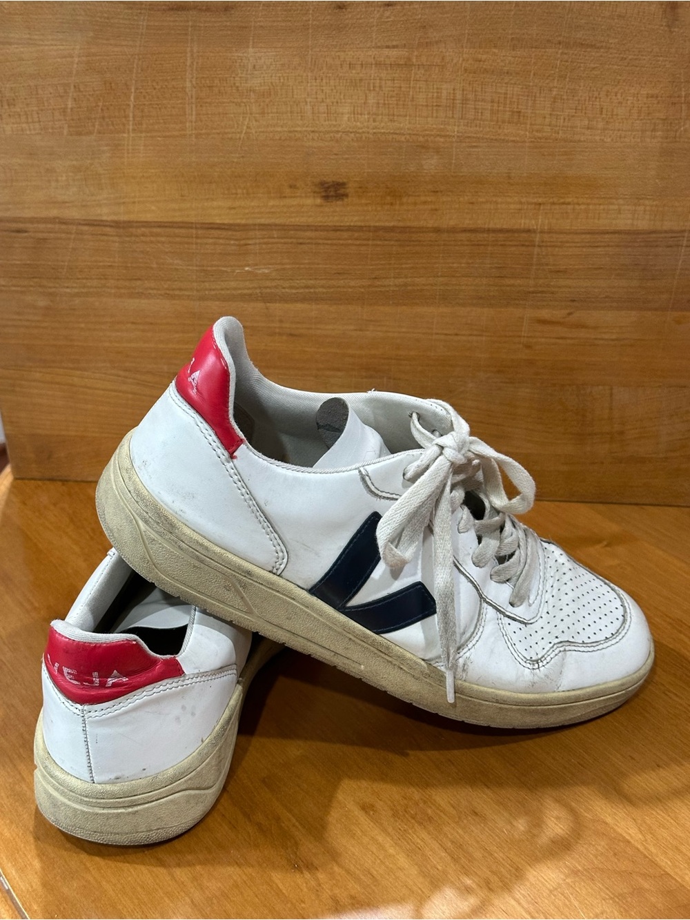 Veja White Leather Sneakers with Navy Logo and Red Heel Tab